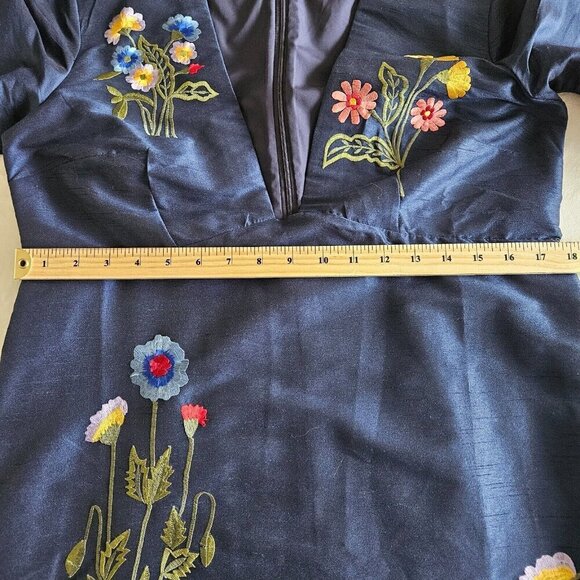 Wayward Fancies eShakti L Floral Embroidery Dupioni Midi Empire Indigo Dress - Picture 12 of 16